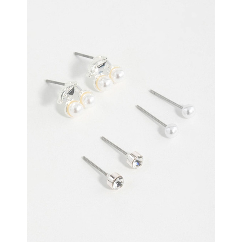 Silver Pearl Diamante & Cherry Earrings 3-Pack