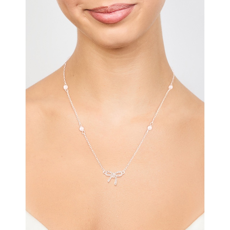 Silver Station Pearl Diamante Bow Necklace