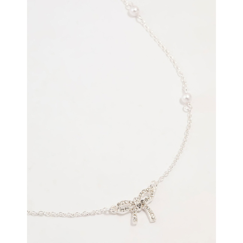 Silver Station Pearl Diamante Bow Necklace