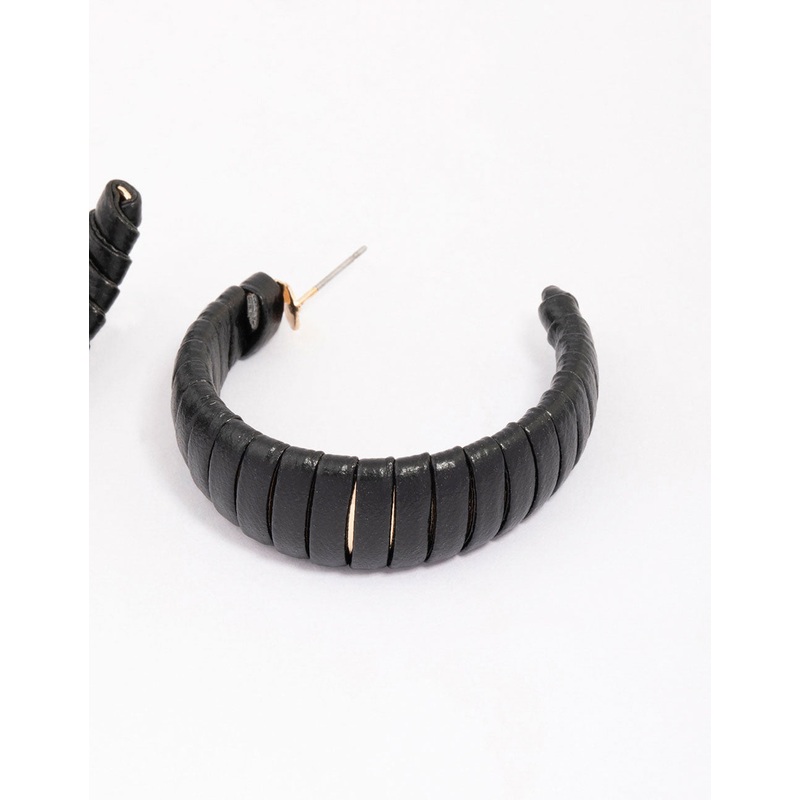 Black Faux Leather Wrapped Hoop Earrings