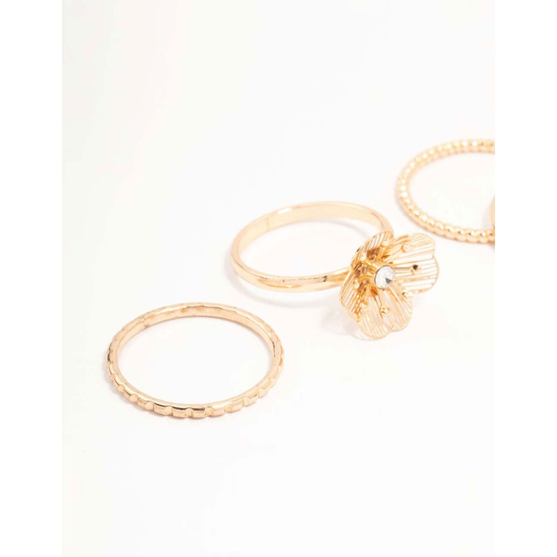 Gold Diamante Wire Flower Rings 4-Pack