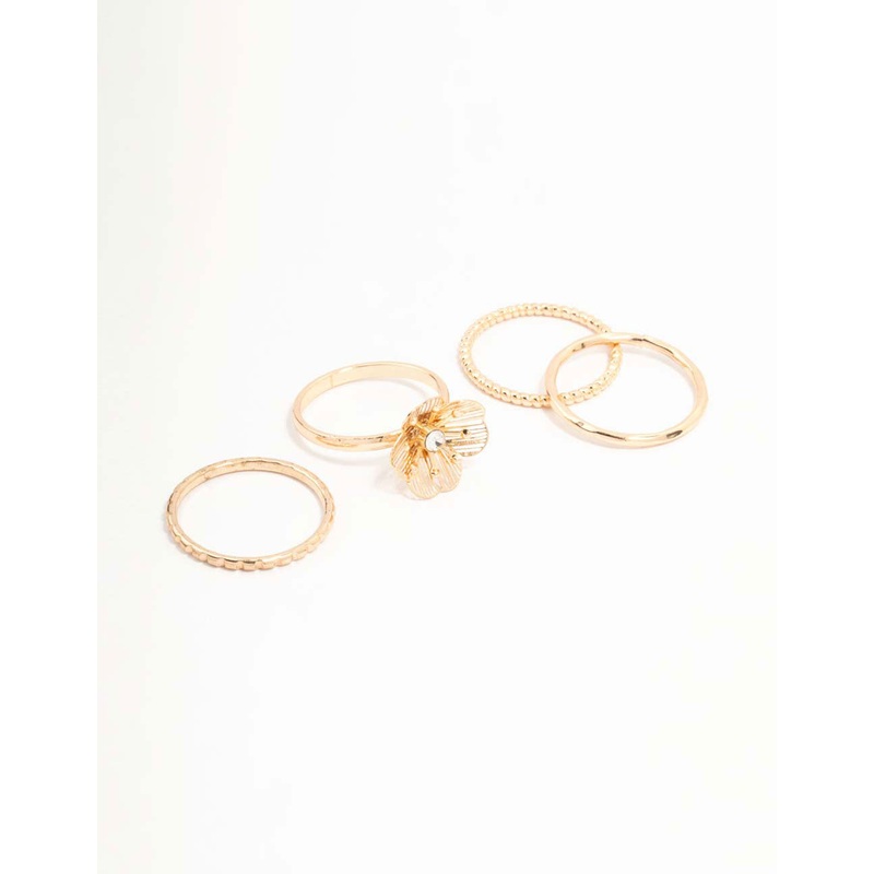 Gold Diamante Wire Flower Rings 4-Pack