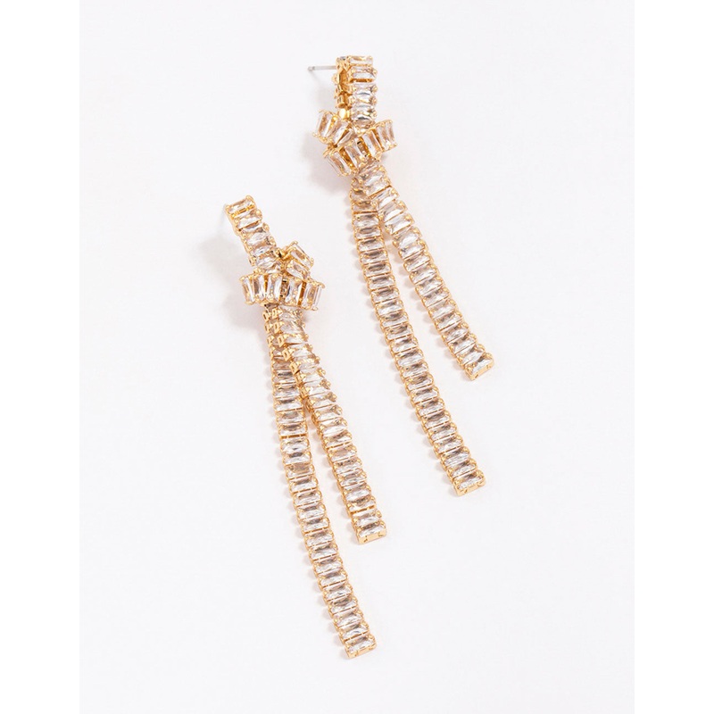 Gold Plated Cubic Zirconia Baguette Knotted Drop Earrings
