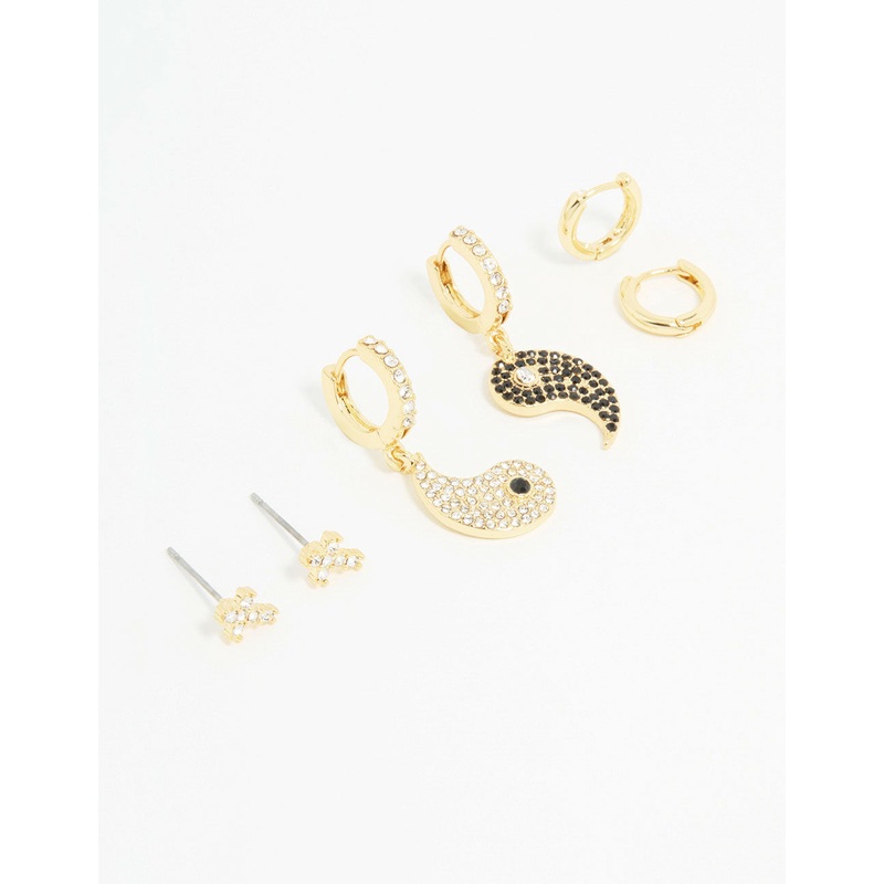 Gold Plated Cubic Zirconia Yin Yang Earrings 3-Pack