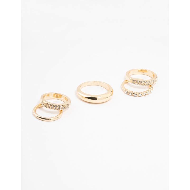 Gold Thick Diamante Band Rings 5-Pack