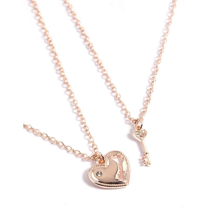 Rose Gold Heart & Key Necklace Pack