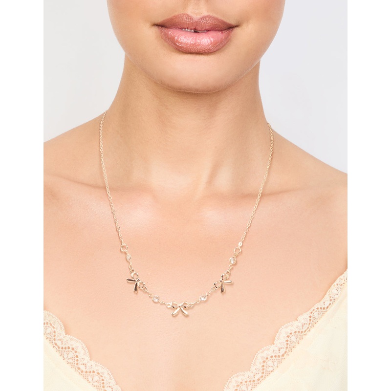 Rose Gold Station Diamante Bow Necklace