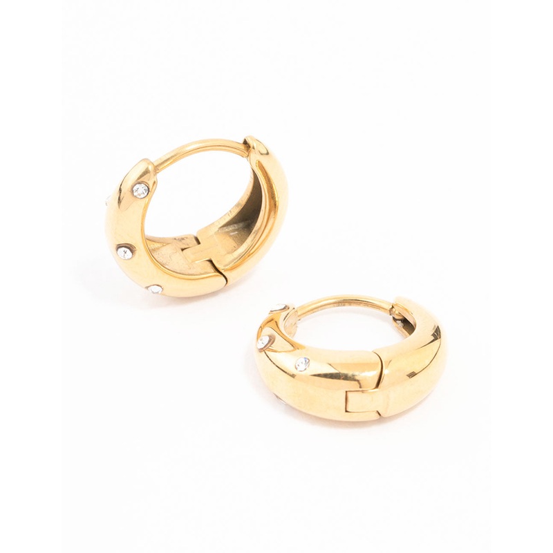 Waterproof Gold Plated Stainless Steel Crystal Huggie Hoop Earrings