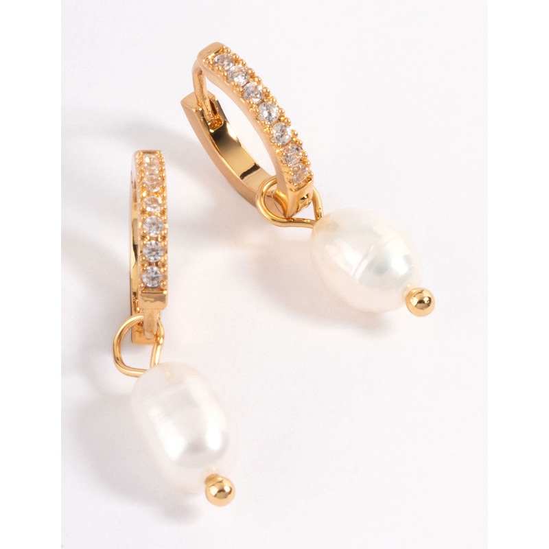 Waterproof Gold Plated Stainless Steel Diamante Freshwater Pearl Drop Huggie Earrings