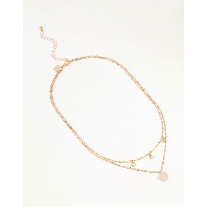 Gold Diamante Pink Heart Layered Necklace