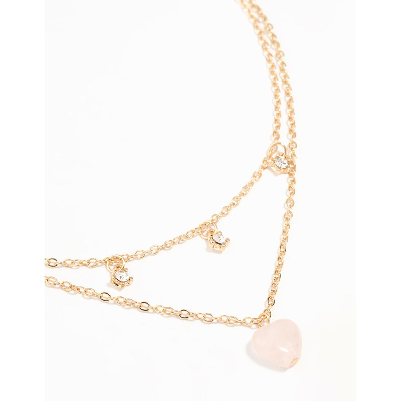 Gold Diamante Pink Heart Layered Necklace