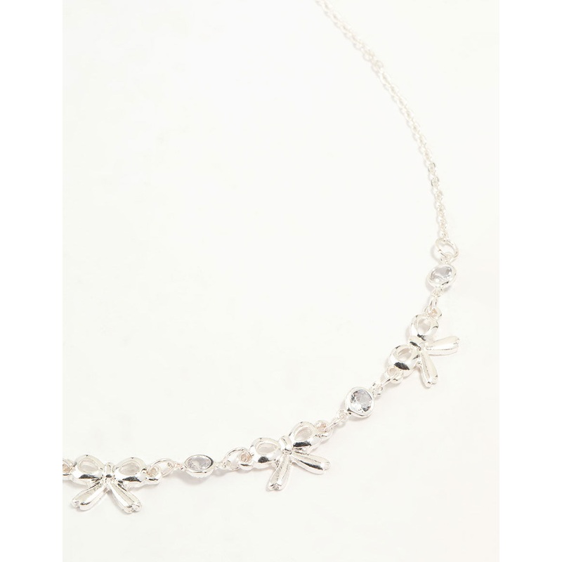 Silver Diamante Bow Station Necklace