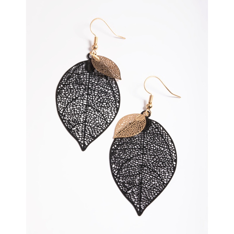 Black Double Leaf Drop Earrings