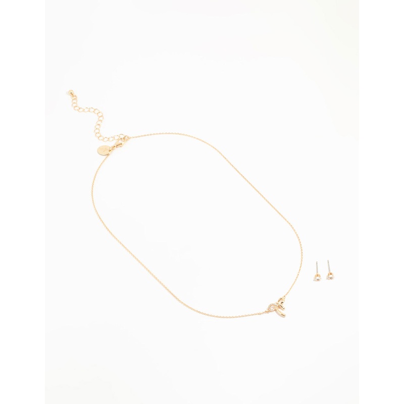 Gold Cubic Zirconia Bow Necklace & Earrings Set