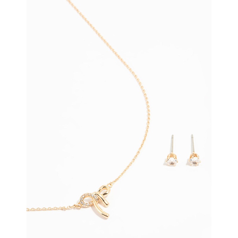 Gold Cubic Zirconia Bow Necklace & Earrings Set