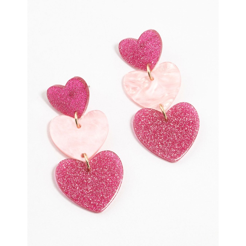 Triple Pink Acrylic Glitter Heart Drop Earrings