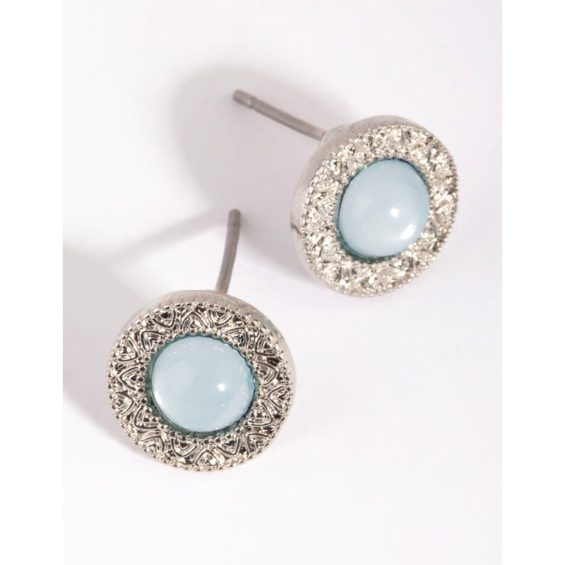 Blue Etched Stone Round Earrings