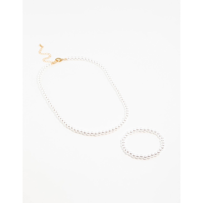 Gold Classic Pearl Stretch Bracelet & Necklace Set