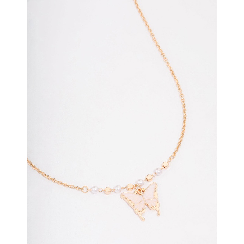 Gold Pearl Butterfly Short Necklace