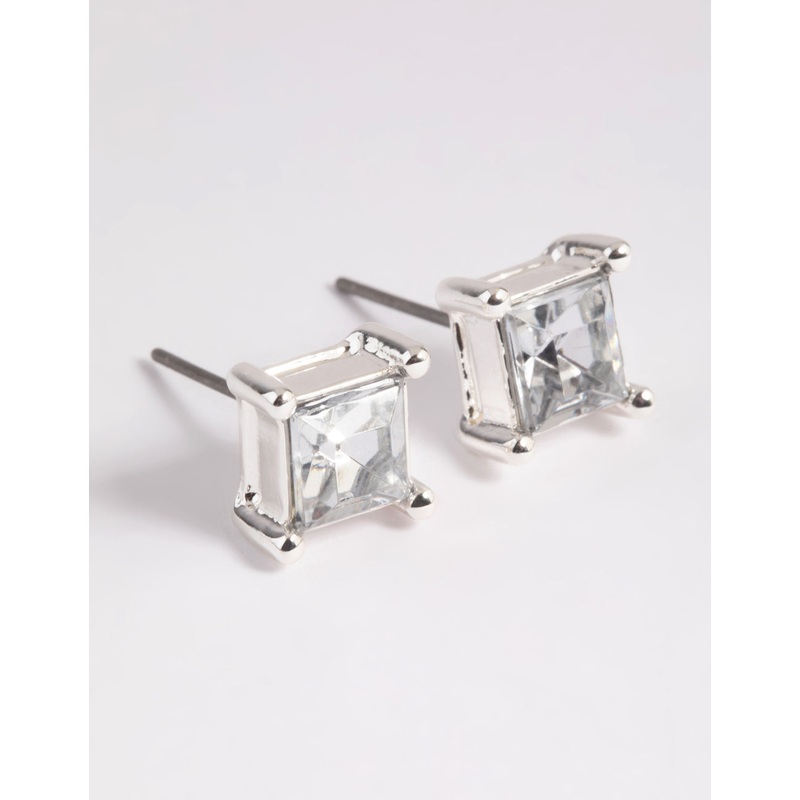 Silver Diamante Square Stud Earrings