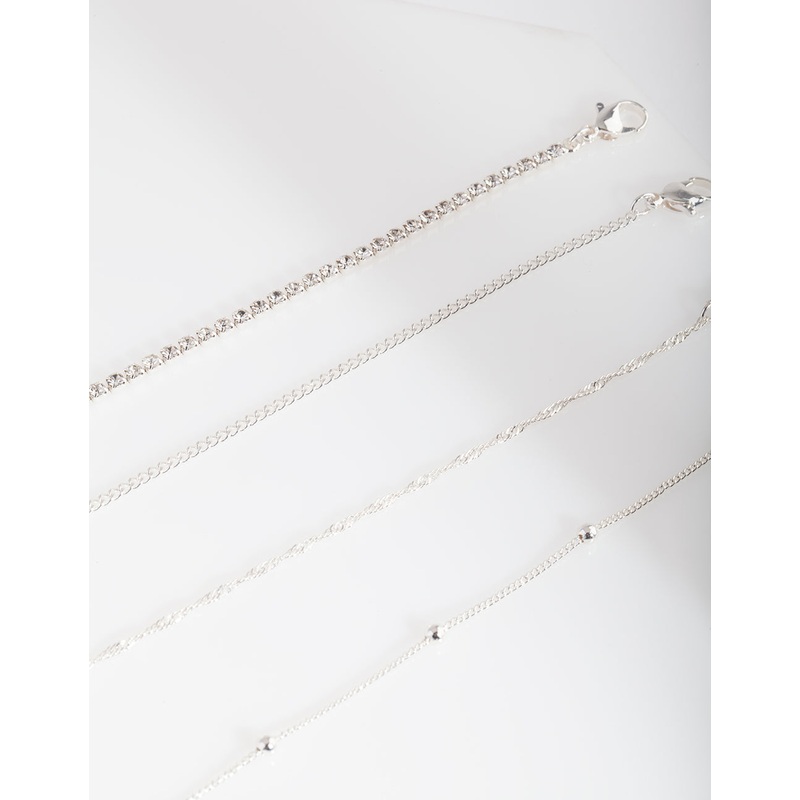 Silver Diamante Twist Anklet Bracelet 4-Pack