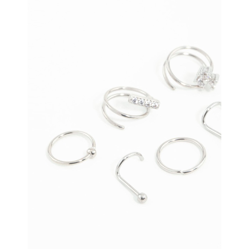 Surgical Steel Cubic Zirconia Bar & Spiral Nose Piercing 6-Pack