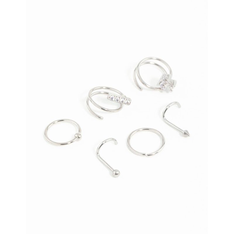 Surgical Steel Cubic Zirconia Bar & Spiral Nose Piercing 6-Pack