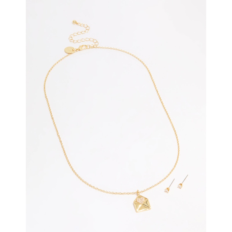 Gold Plated Cubic Zirconia Envelope Necklace & Stud Earrings Set