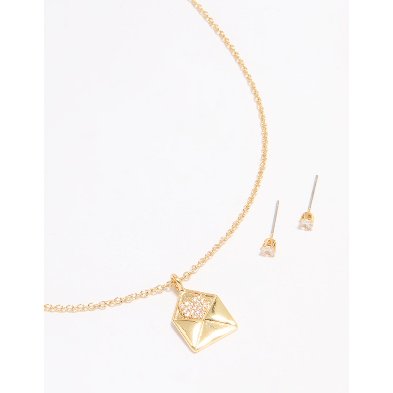 Gold Plated Cubic Zirconia Envelope Necklace & Stud Earrings Set