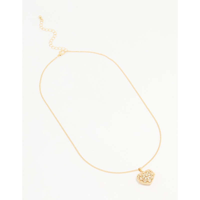 Gold Plated Cubic Zirconia Heart Locket Pendant Necklace