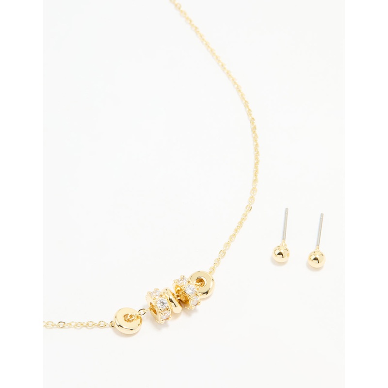 Gold Plated Cubic Zirconia Rondell Pendant Necklace & Earrings Set