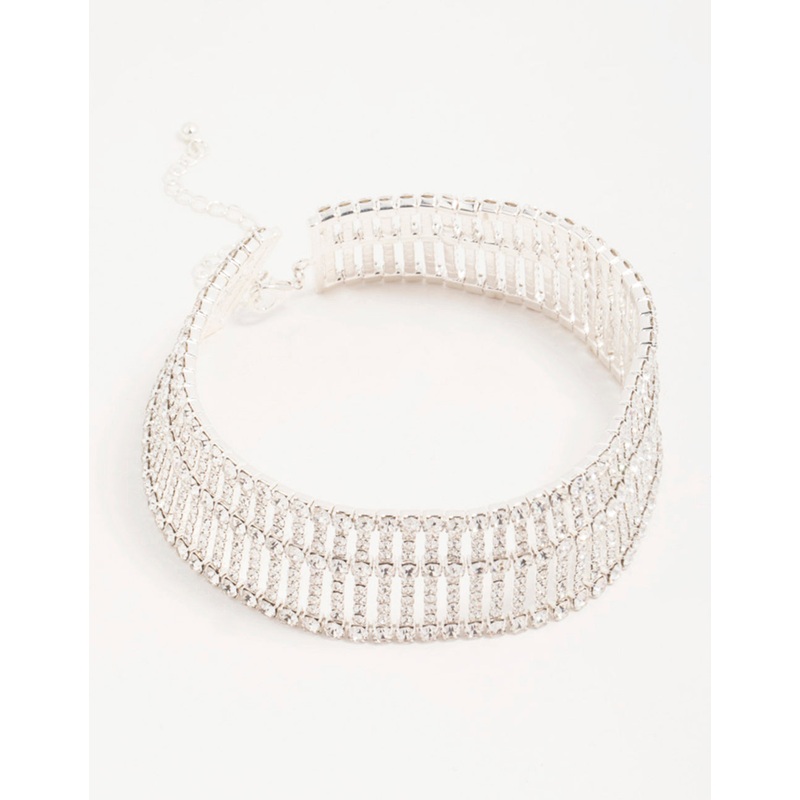 Silver Diamante Stacked Cupchain Choker Necklace