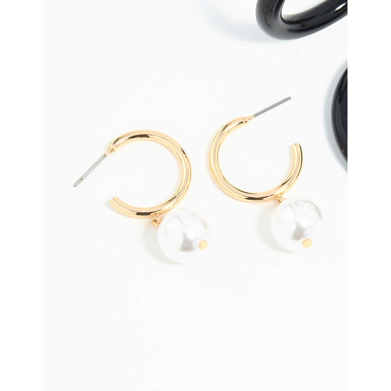 Gold & Dark Blue Pearl  Drop Hoop Earrings 3-Pack