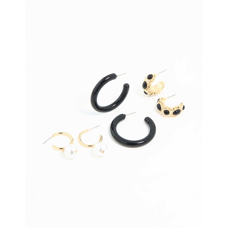 Gold & Dark Blue Pearl  Drop Hoop Earrings 3-Pack