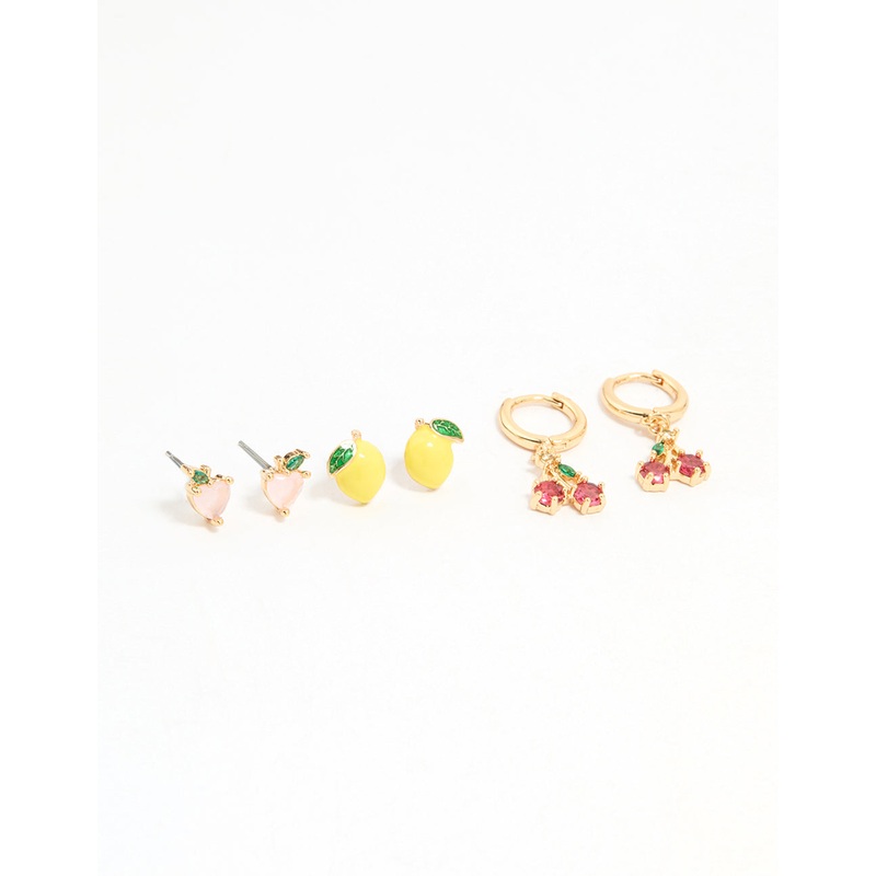 Gold Enamel Mixed Fruit Stud Earrings 3-Pack