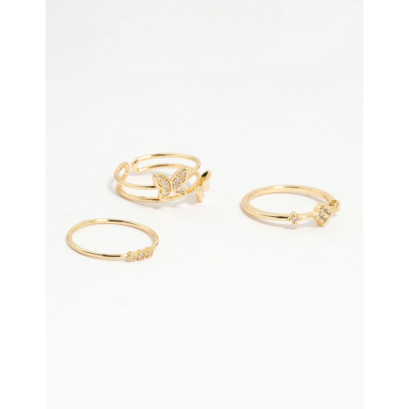 Gold Plated Cubic Zirconia Butterfly Rings 3-Pack