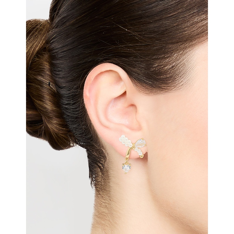 Gold Plated Cubic Zirconia & Pearl Bow Stud Earrings
