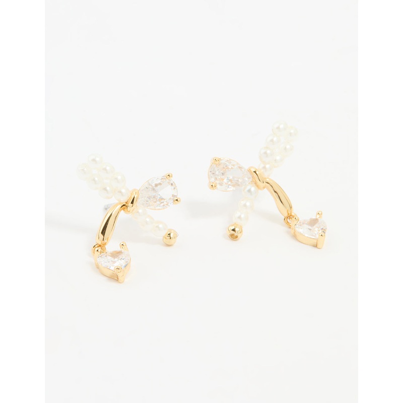 Gold Plated Cubic Zirconia & Pearl Bow Stud Earrings