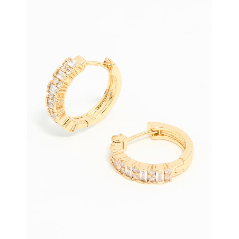 Gold Plated Diamante Baguette Pave Hoop Earrings