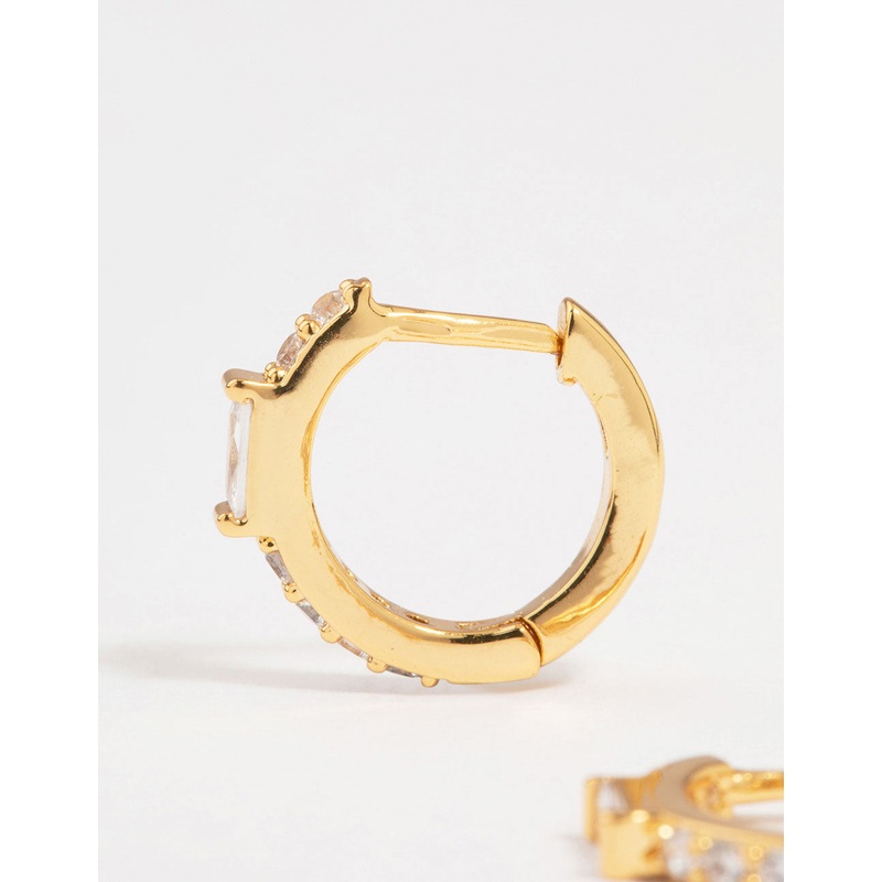Gold Plated Diamante Mini Baguette Pave Huggie Earrings