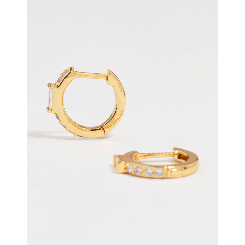 Gold Plated Diamante Mini Baguette Pave Huggie Earrings
