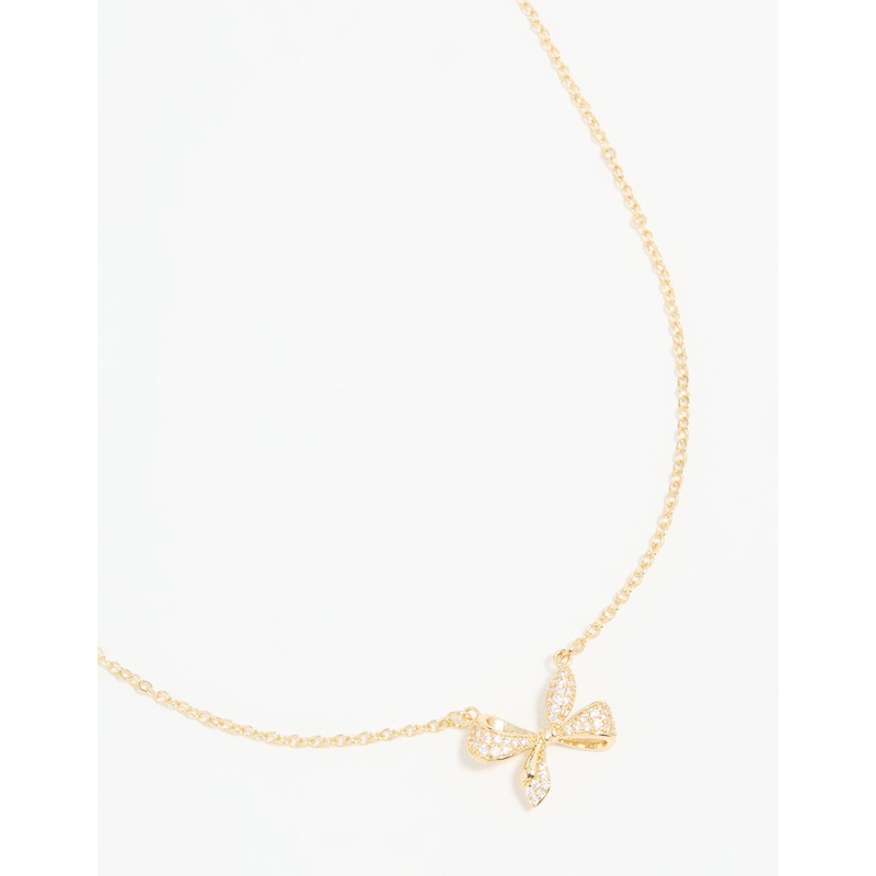 Gold Plated Diamante Pave Chunky Bow Necklace