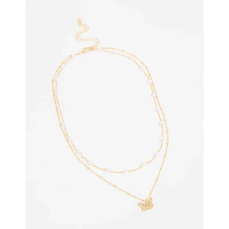 Gold Plated Pearl Butterfly Layered Necklace