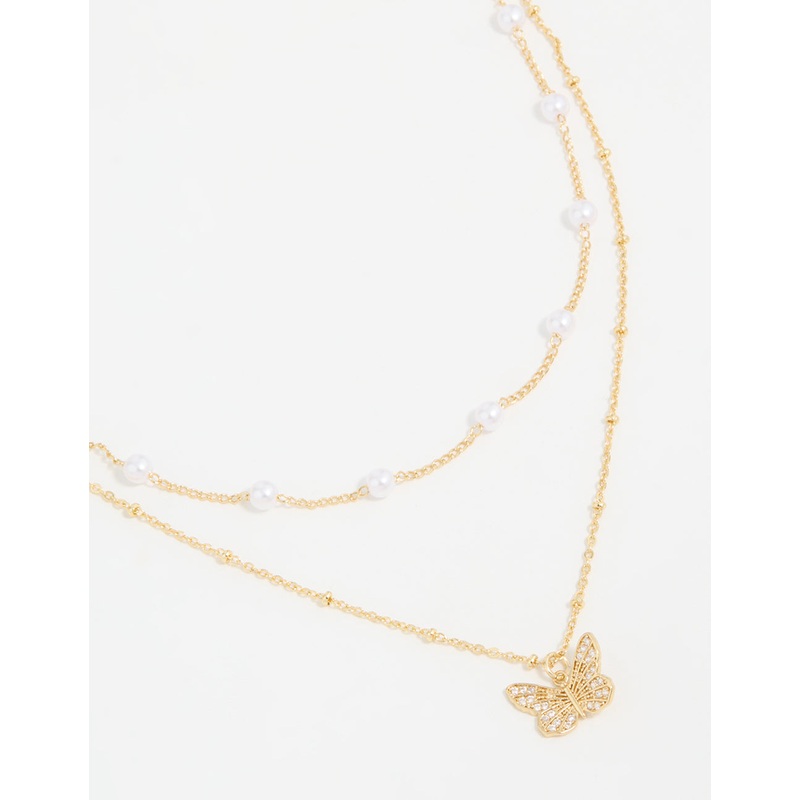 Gold Plated Pearl Butterfly Layered Necklace