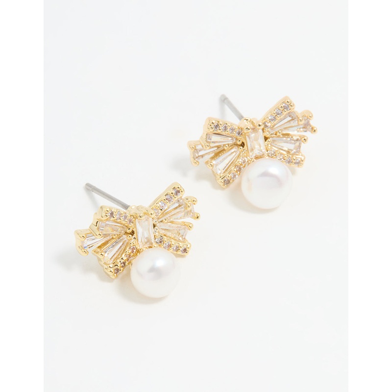 Gold Plated Pearl & Cubic Zirconia Bow Baguette Drop Earrings