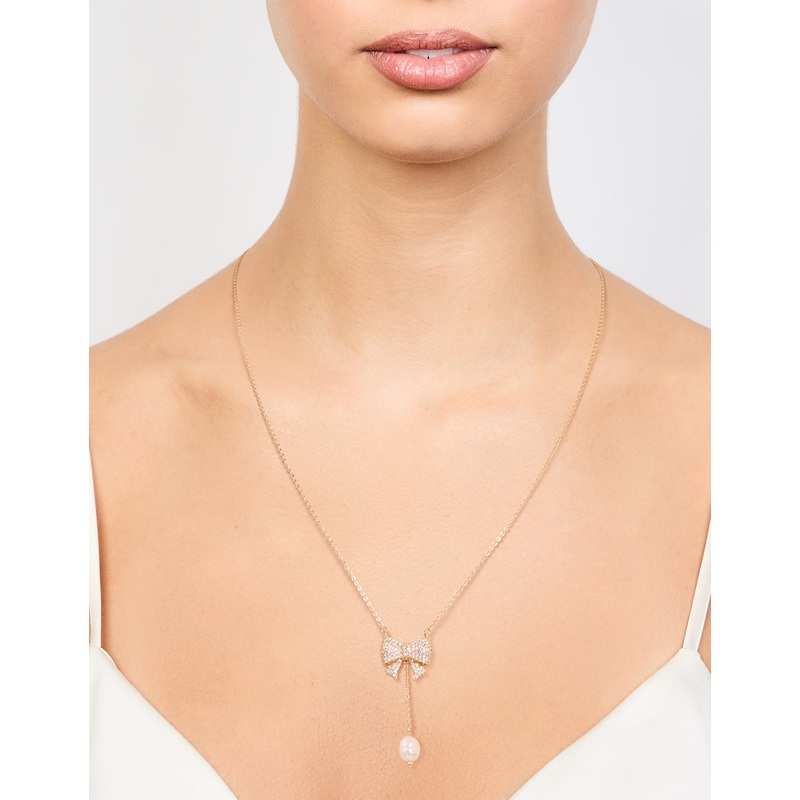 Gold Plated Pearl & Cubic Zirconia Chunky Bow Y-Necklace