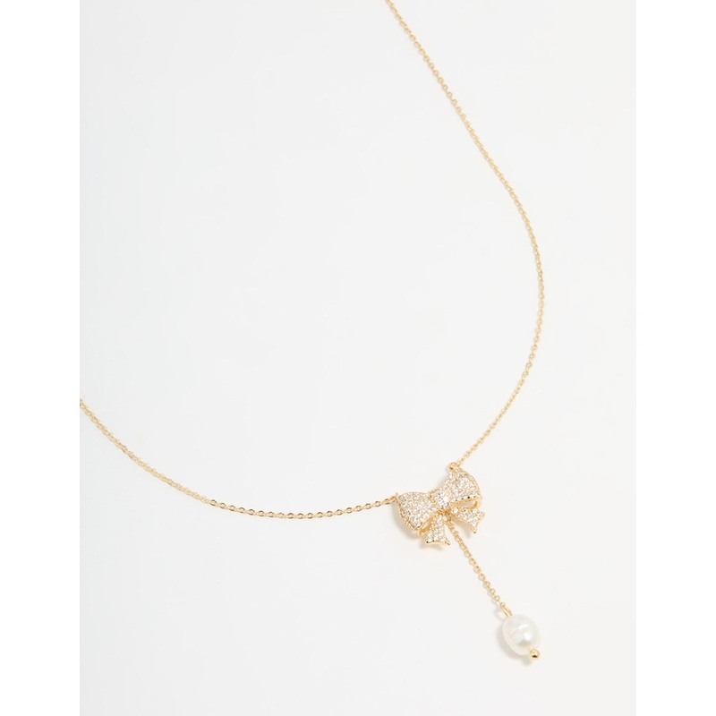 Gold Plated Pearl & Cubic Zirconia Chunky Bow Y-Necklace