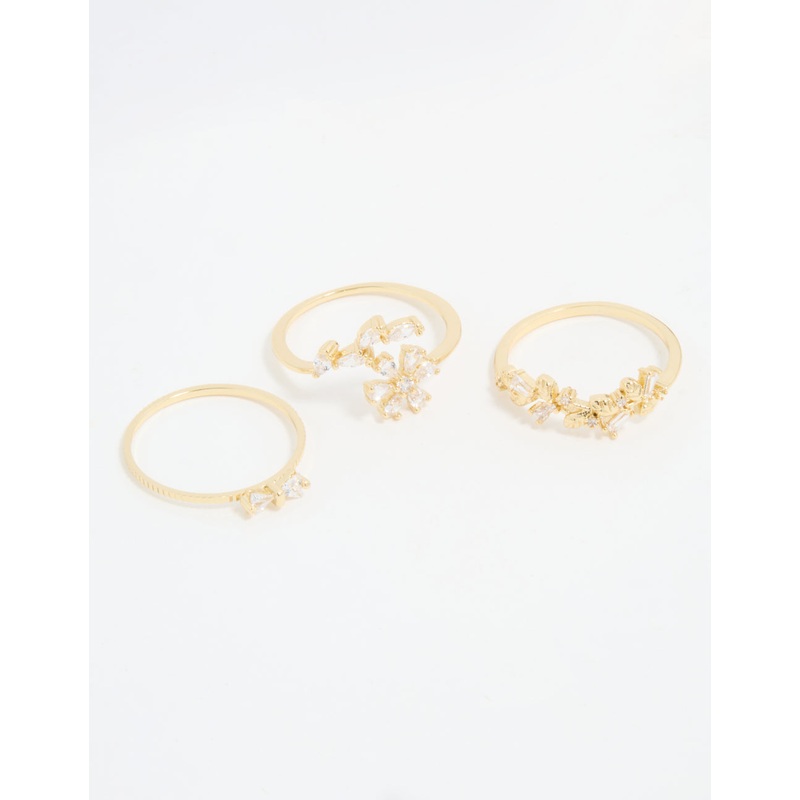 Gold Plated Pearl Flower & Bow Rings 3-Pack