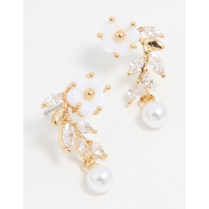 Gold Plated Pearl Flower Drop Earrings