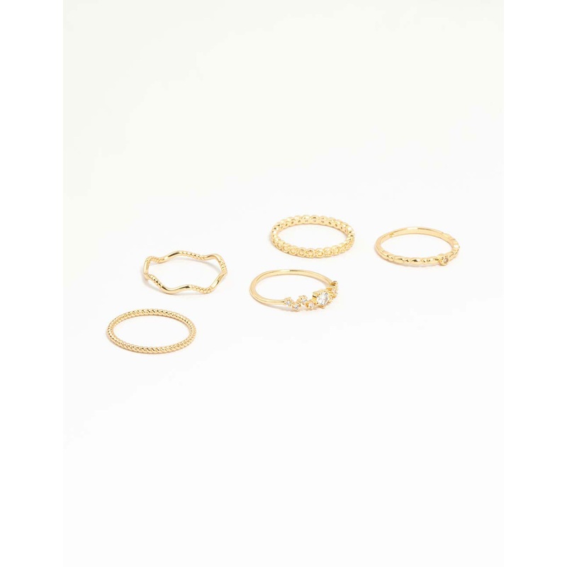 Gold Plated Squiggle & Rope Rings 5-Pack